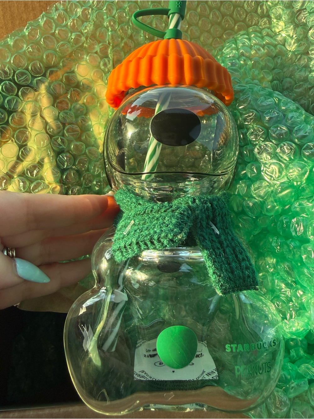 Starbucks Clear Bear Bottle with Orange Top and Green Scarf. Still sealed in box